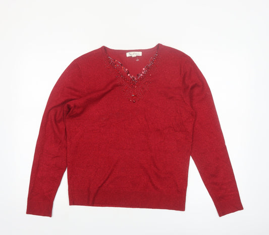 Tradition Women's Red Beaded V-Neck Pullover Jumper Size 8