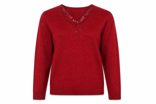 Tradition Women's Red Beaded V-Neck Pullover Jumper Size 8
