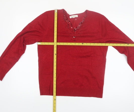 Tradition Women's Red Beaded V-Neck Pullover Jumper Size 8