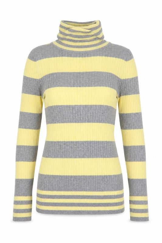 Front view of L.e.i. Teens Yellow Grey Striped Roll Neck Jumper S