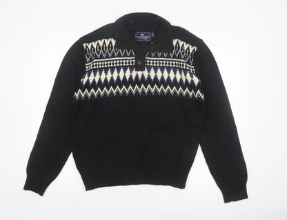 American Living Men’s Black Fair Isle Cotton Henley Jumper L
