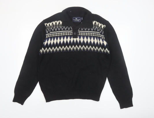American Living Men’s Black Fair Isle Cotton Henley Jumper L