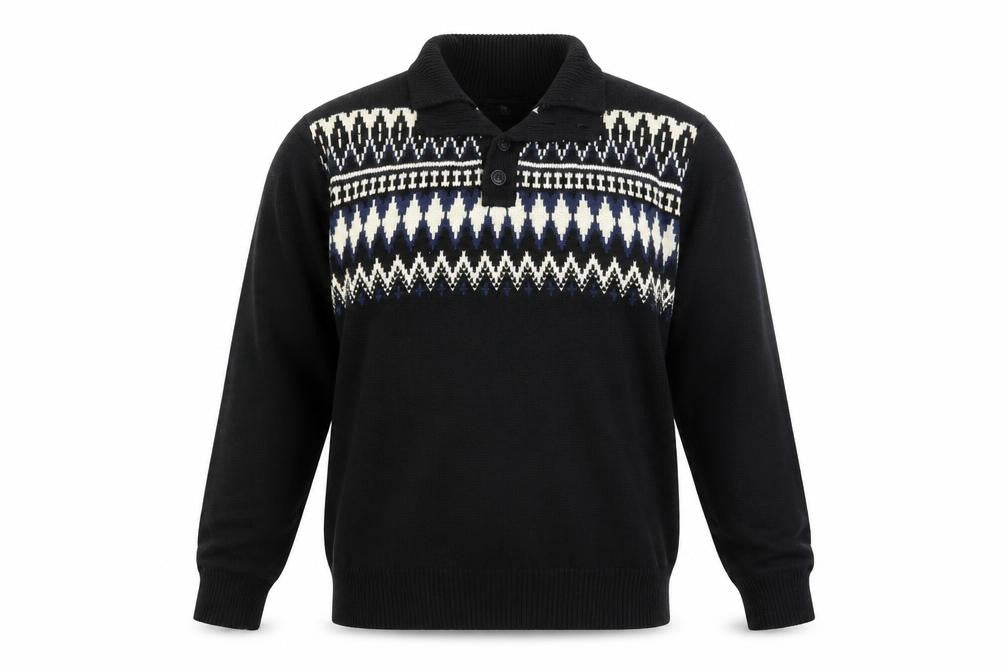 American Living Men’s Black Fair Isle Cotton Henley Jumper L