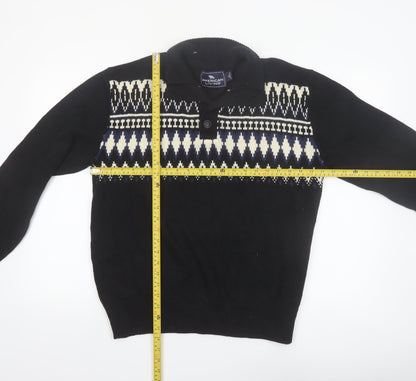 American Living Men’s Black Fair Isle Cotton Henley Jumper L