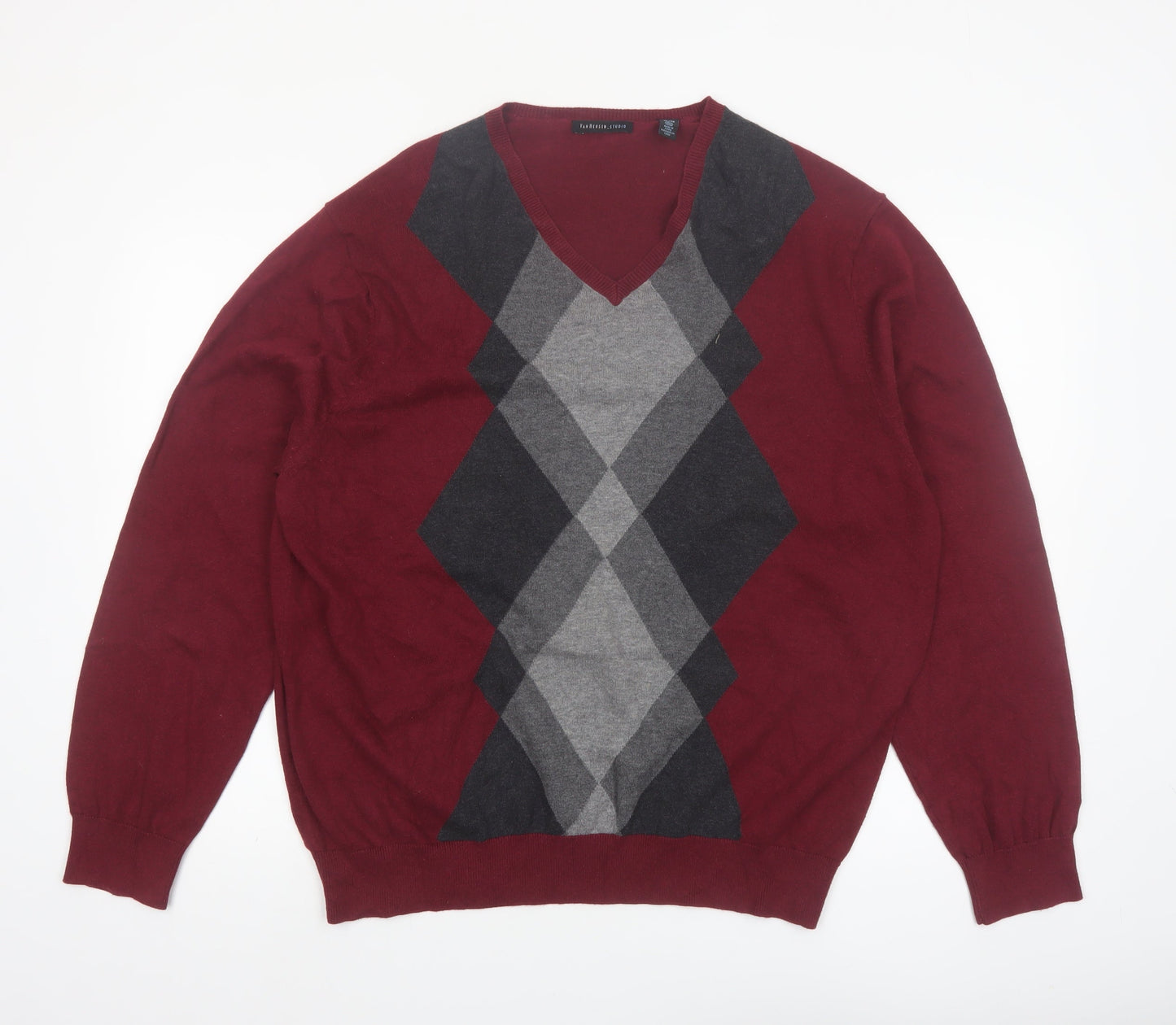 Van Heusen Studio Men's Red Argyle Cotton V-Neck Jumper XL