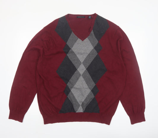 Van Heusen Studio Men's Red Argyle Cotton V-Neck Jumper XL