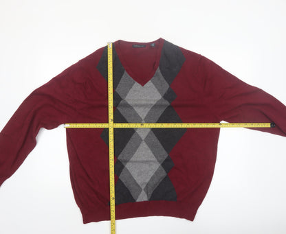 Van Heusen Studio Men's Red Argyle Cotton V-Neck Jumper XL