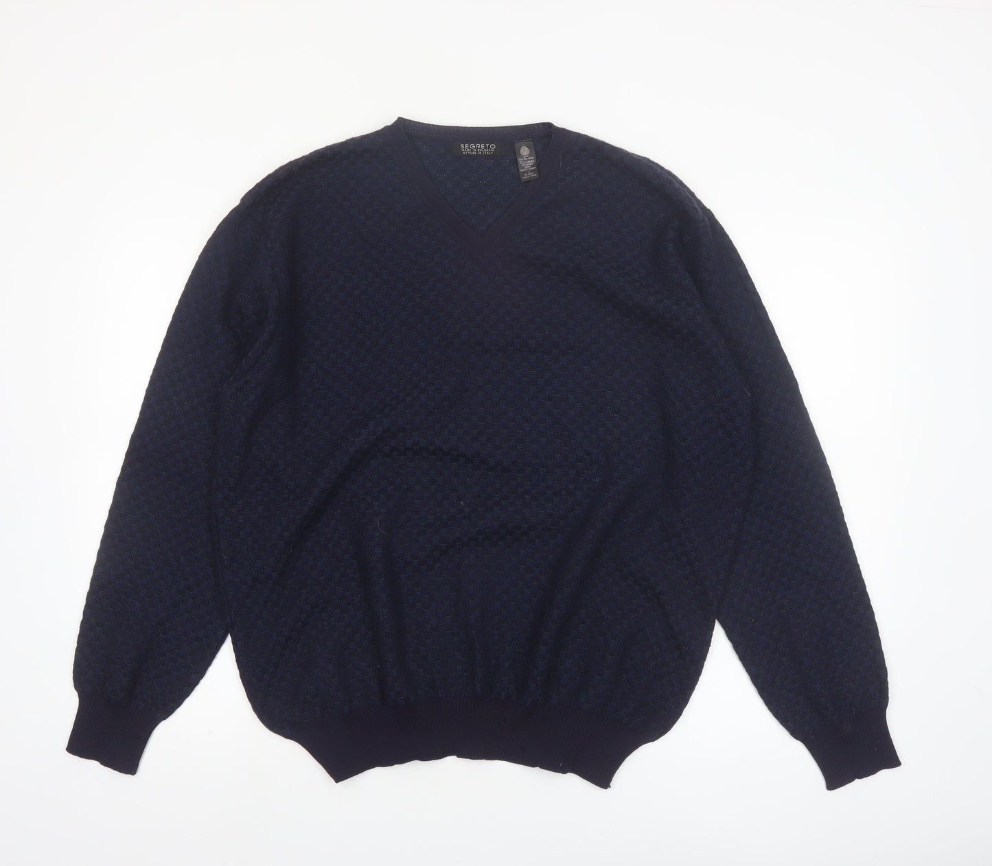 Segreto Men's Blue Wool V-Neck Pullover Jumper Size L