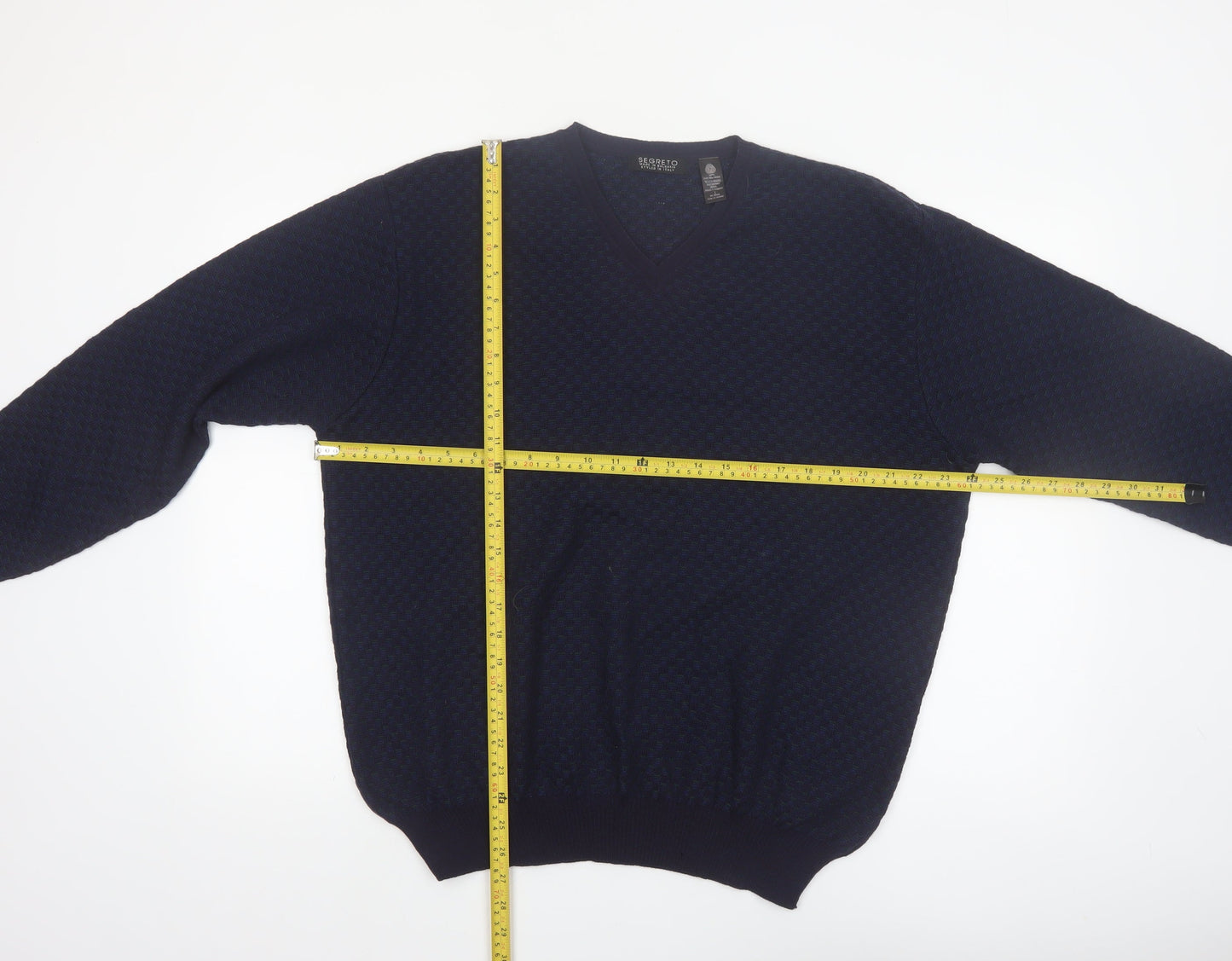 Segreto Men's Blue Wool V-Neck Pullover Jumper Size L