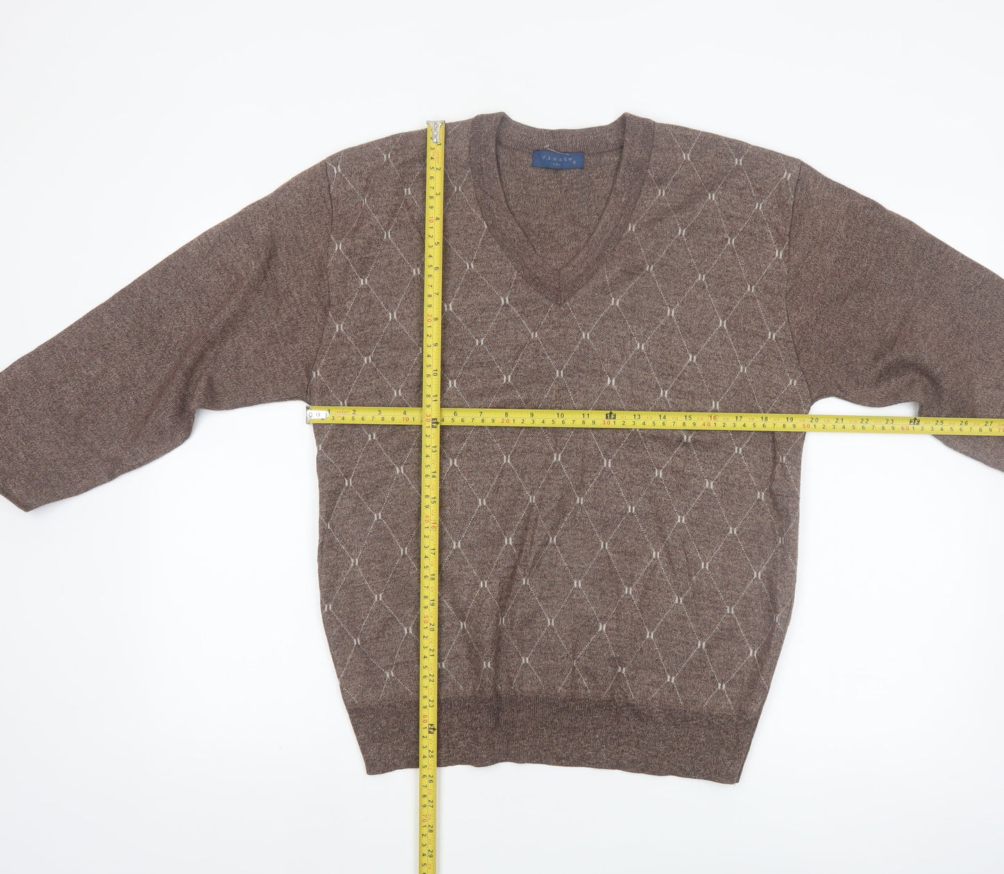 Vieste Men's Brown Argyle V-Neck Wool Blend Jumper M