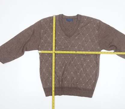 Vieste Men's Brown Argyle V-Neck Wool Blend Jumper M