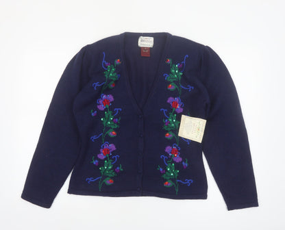 Susan Bristol Women's Blue M Hand Embroidered Wool Floral Cardigan