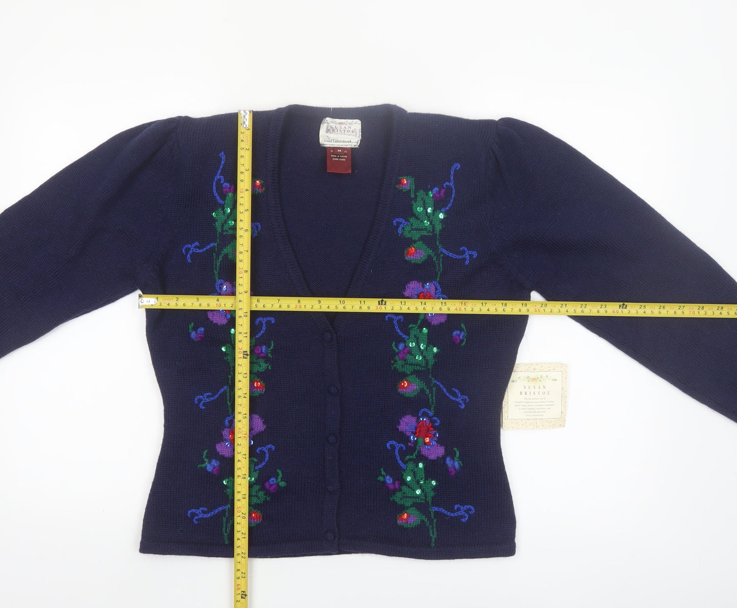 Susan Bristol Women's Blue M Hand Embroidered Wool Floral Cardigan