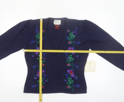 Susan Bristol Women's Blue M Hand Embroidered Wool Floral Cardigan