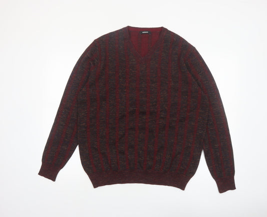 Walbusch Men's Red Striped Wool V-Neck Jumper Size L