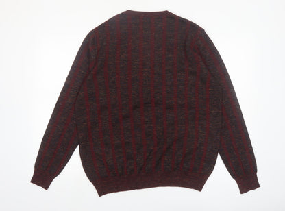 Walbusch Men's Red Striped Wool V-Neck Jumper Size L