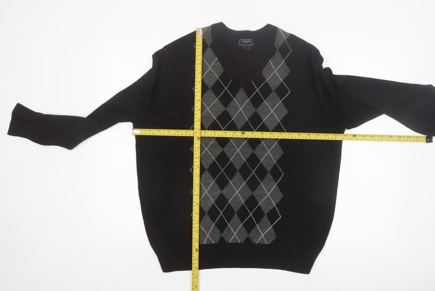 Dockers Men's Black Argyle V-Neck Acrylic Jumper Size L