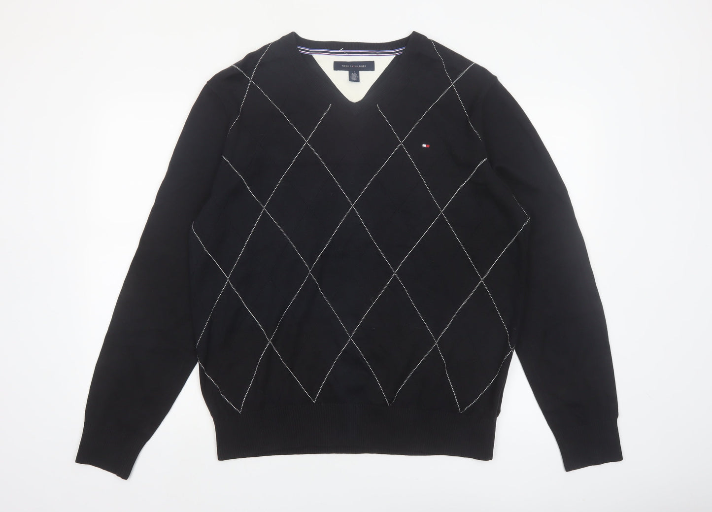 Tommy Hilfiger Men's Black Argyle V-Neck Cotton Jumper Size L