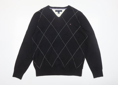 Tommy Hilfiger Men's Black Argyle V-Neck Cotton Jumper Size L