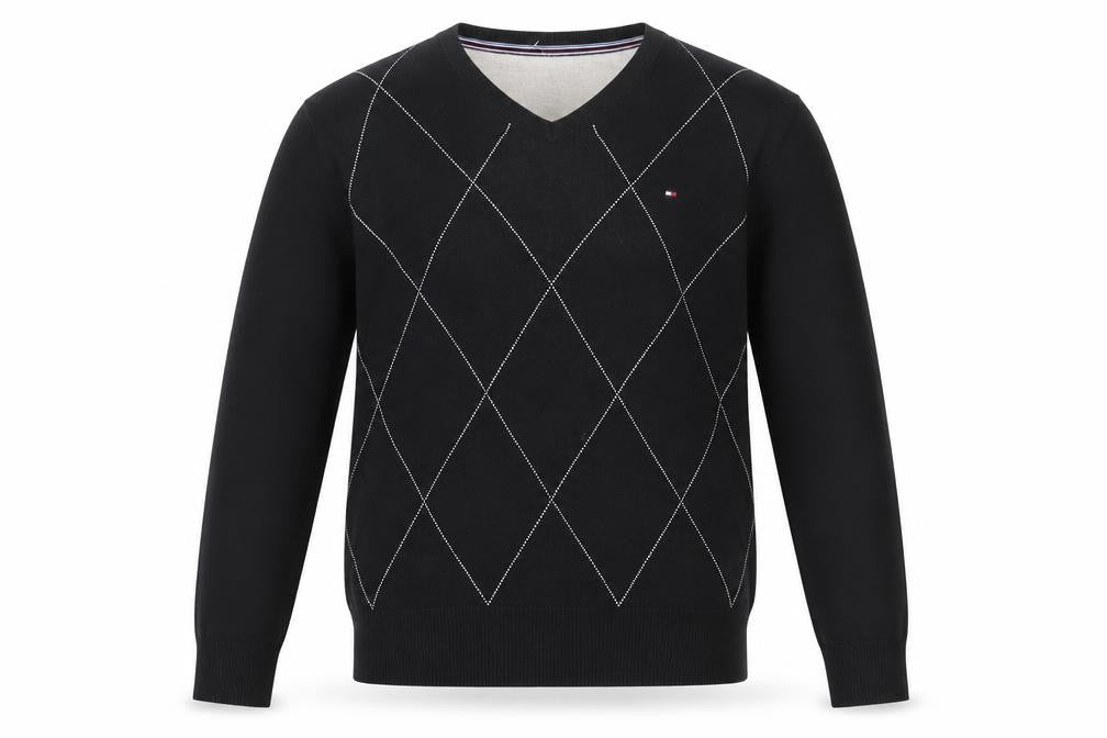 Tommy Hilfiger Men's Black Argyle V-Neck Cotton Jumper Size L