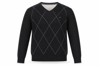 Tommy Hilfiger Men's Black Argyle V-Neck Cotton Jumper Size L
