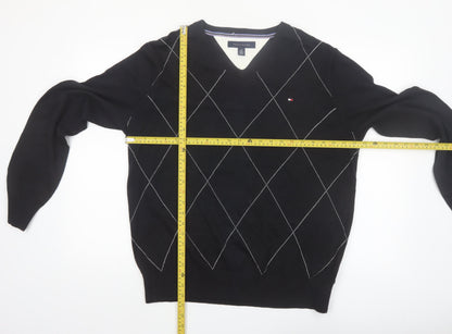 Tommy Hilfiger Men's Black Argyle V-Neck Cotton Jumper Size L