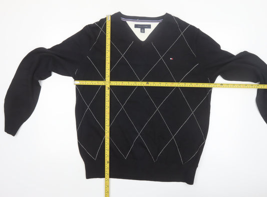 Tommy Hilfiger Men's Black Argyle V-Neck Cotton Jumper Size L