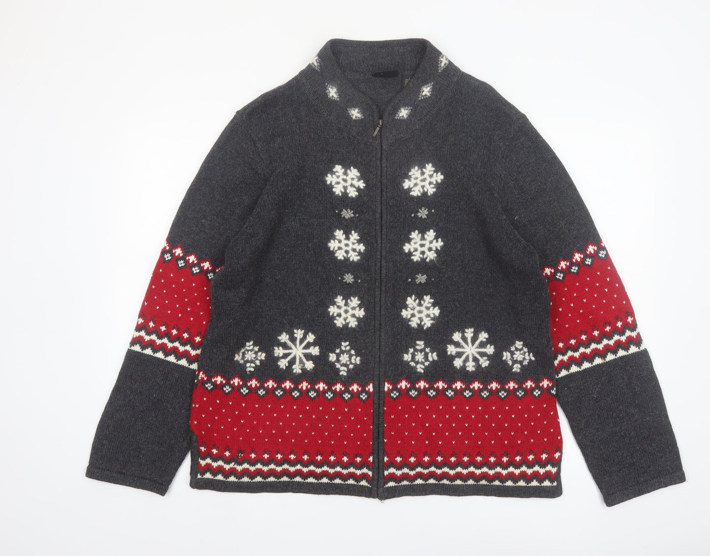 Guide Series Women Grey Red Full Zip Snowflake Cardigan L Winter Knit