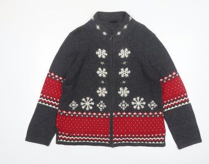 Guide Series Women Grey Red Full Zip Snowflake Cardigan L Winter Knit