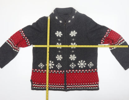 Guide Series Women Grey Red Full Zip Snowflake Cardigan L Winter Knit