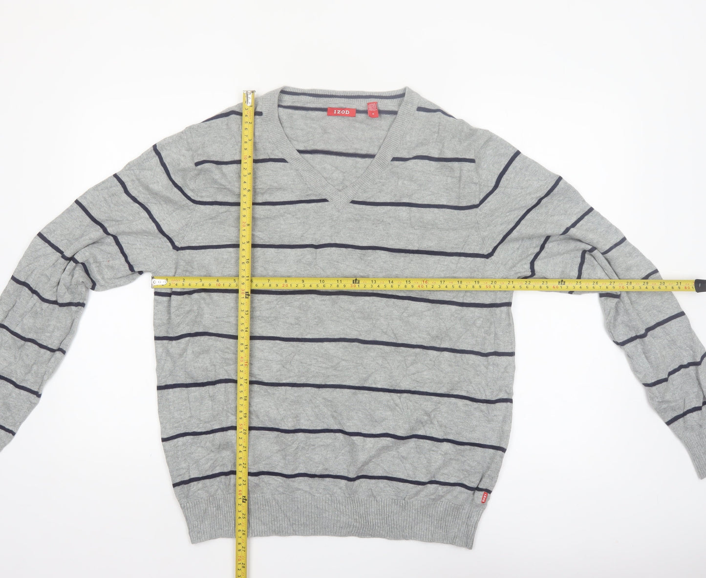 IZOD Men's Grey Striped Cotton V-Neck Jumper Size M