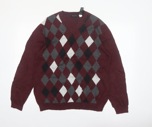 Axcess Men Red Argyle V-Neck Cotton Pullover Jumper M