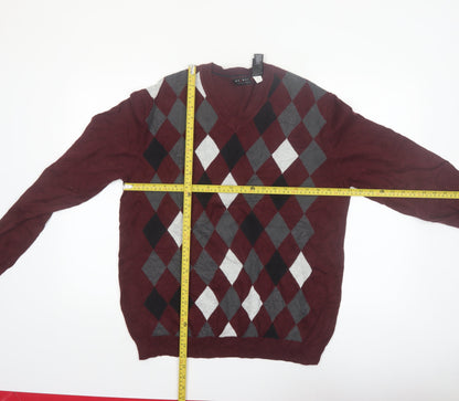 Axcess Men Red Argyle V-Neck Cotton Pullover Jumper M