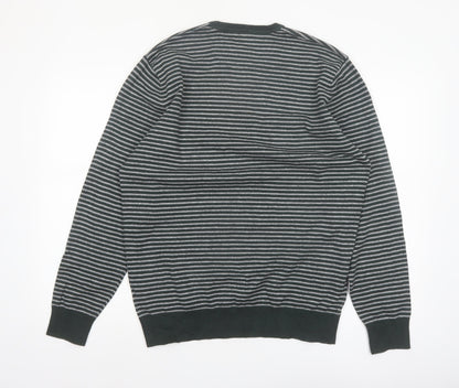 Wrangler Men's Grey Striped Cotton Blend Crew Neck Jumper L
