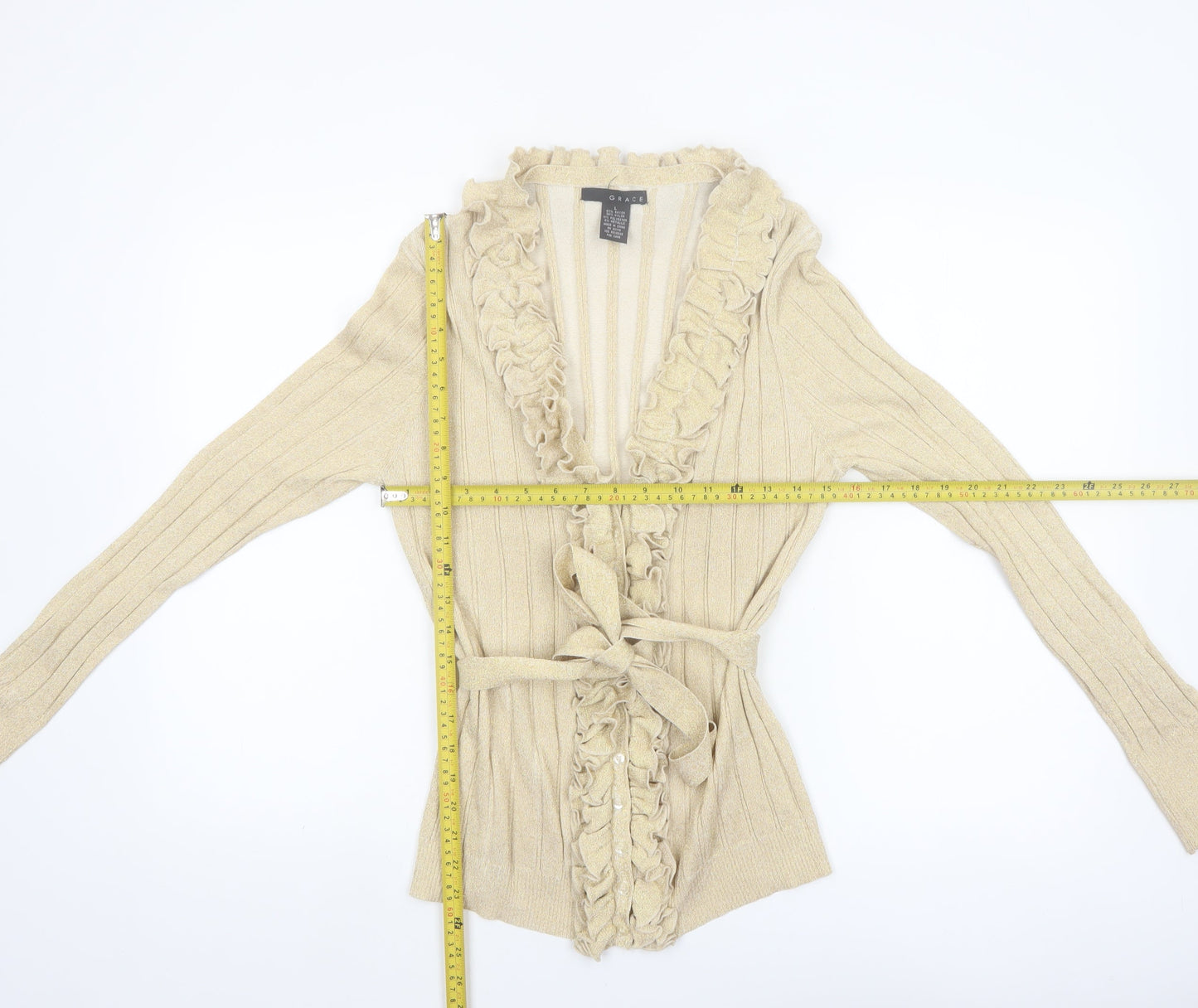 Grace Women’s Beige Ruffle Belted Knit Cardigan Size L