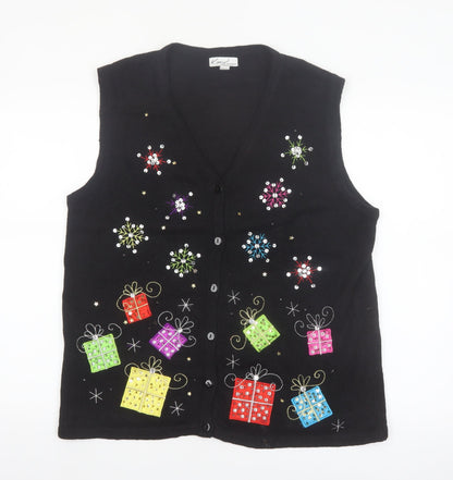 Kim Rogers Womens Black L Christmas Vest Jumper Sequin Holiday Top