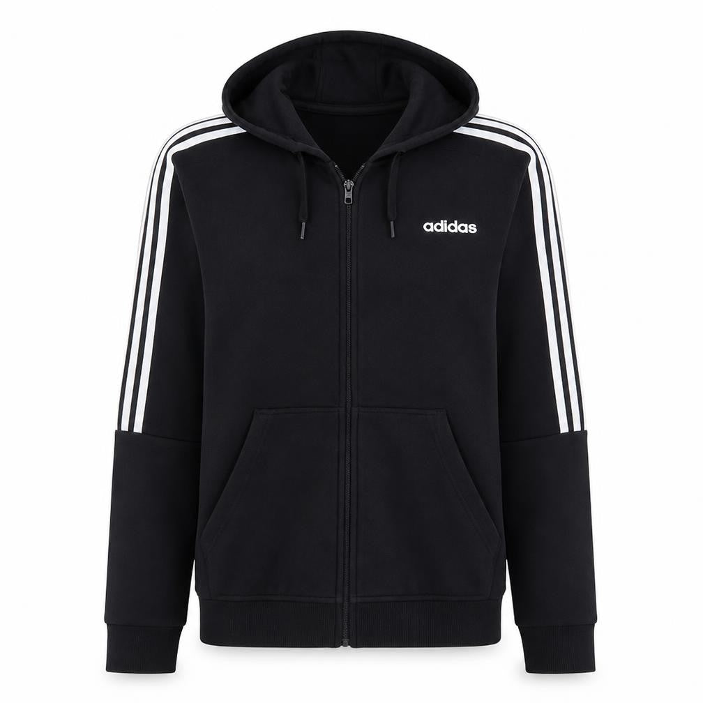 Front view of Adidas Men's Black Full Zip Hoodie, size M, Sports Fleece Sweatshirt