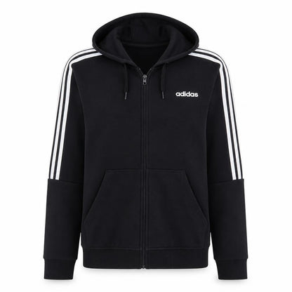 Front view of Adidas Men's Black Full Zip Hoodie, size M, Sports Fleece Sweatshirt