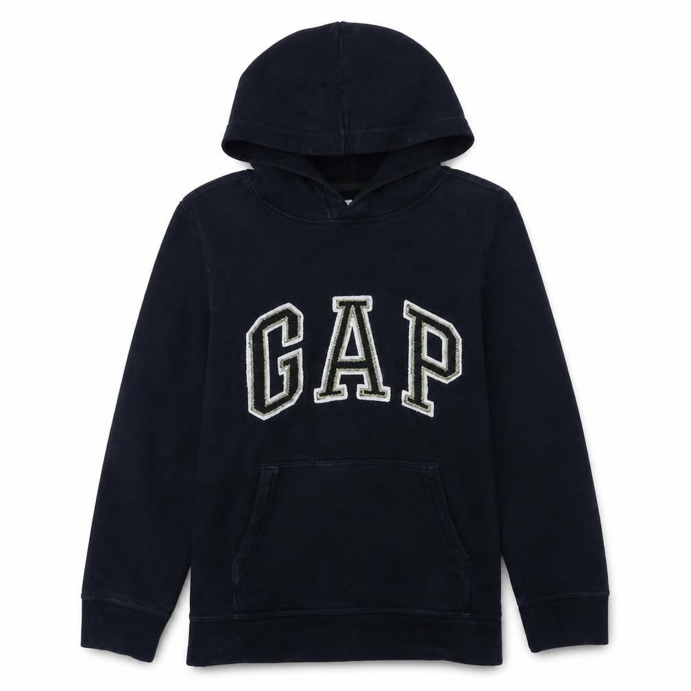 Front view of Gap Kids boys’ navy pullover hoodie 13-14 years fleece lined classic logo