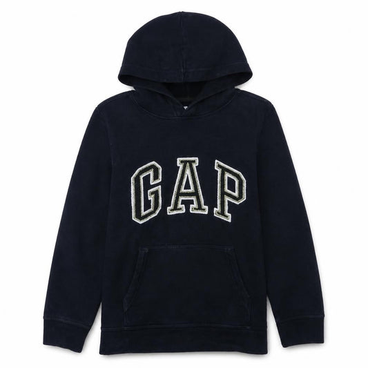Front view of Gap Kids boys’ navy pullover hoodie 13-14 years fleece lined classic logo