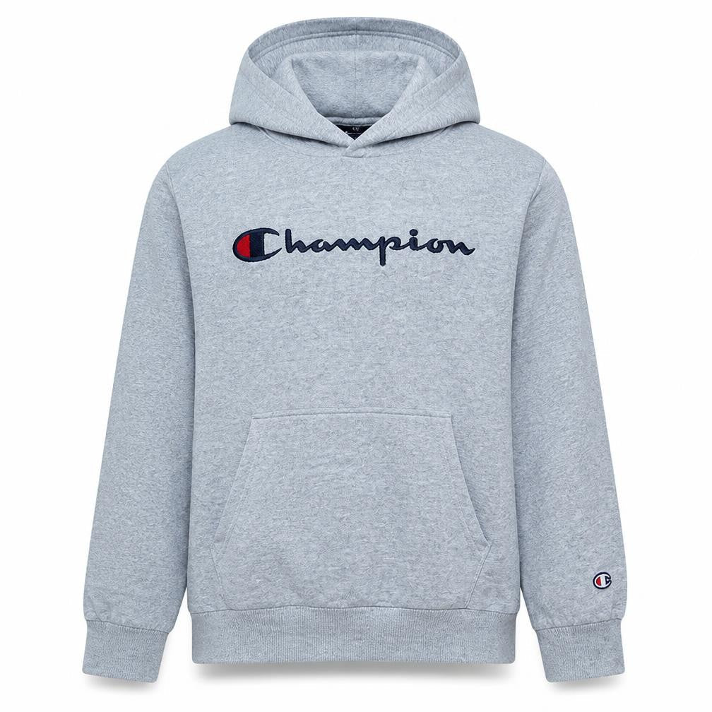 Front view of Champion Teens Grey Pullover Hoodie L Embroidered Logo Sports Fleece
