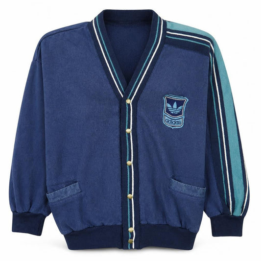 Front view of Adidas Men's Blue Vintage 80s Striped Cardigan, size M