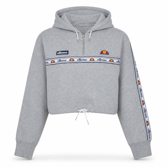 Front view of Ellesse Women Grey Crop Hoodie UK 14 1/4 Zip Logo Drawstring Pullover