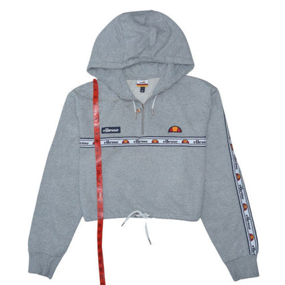 Ellesse Women Grey Crop Hoodie UK 14 1/4 Zip Logo Drawstring Pullover