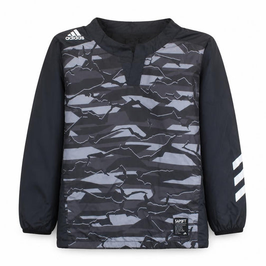 Front view of Adidas boys’ black camouflage pullover sweatshirt, size 140, long sleeve