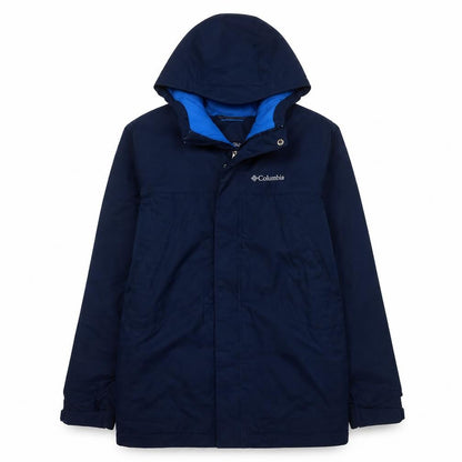 Front view of Columbia boys’ blue waterproof hooded parka coat, size M, winter jacket