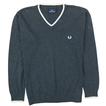 Fred Perry Men's Grey Wool V-Neck Jumper Size S Classic Knit