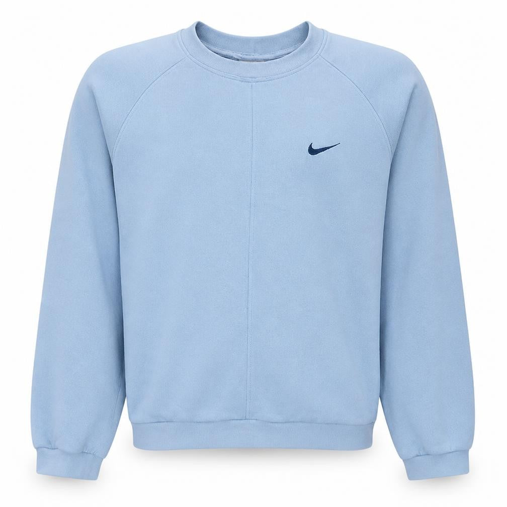 Front view of Nike boys’ blue crew neck fleece pullover sweatshirt, size 13-14, years