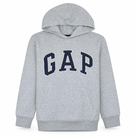 Front view of Gap boys’ grey pullover hoodie xl 12-13 years fleece logo sweatshirt