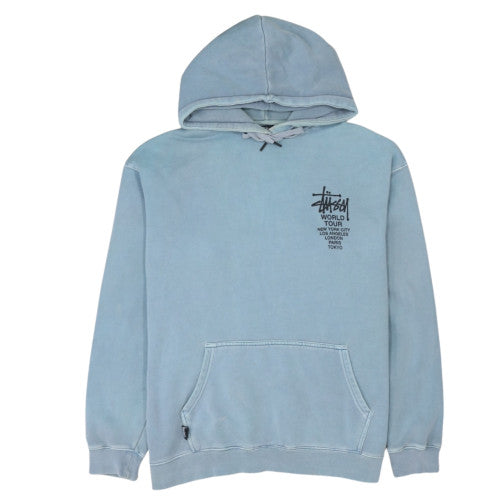 Stussy Men Blue Pullover Hoodie Medium Cotton World Tour Graphic